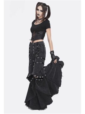 Gothic Black Layered Wide Leg Flare Jeans with Eyelet Details